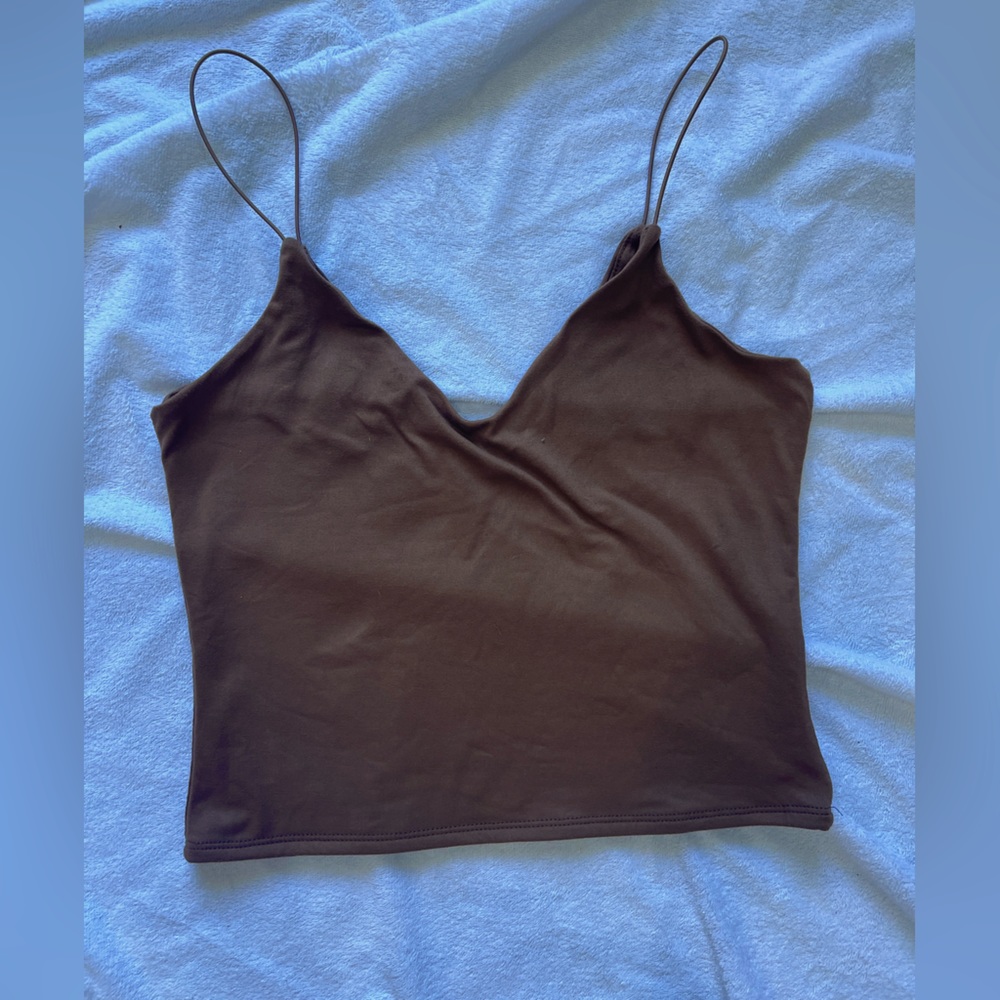Brown Thin Strap Crop Tank V Neck